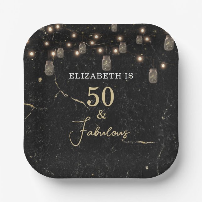 50 und fabelhafte Gold Black Marble Mason Jar Ligh Pappteller (Vorderseite)