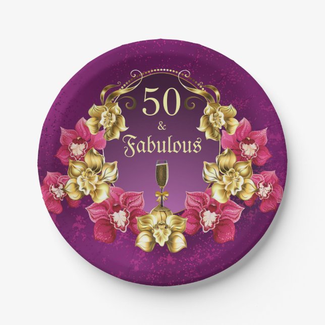 50 und fabelhafte Gold-Rosa-Orchideen und Champagn Pappteller (Vorderseite)