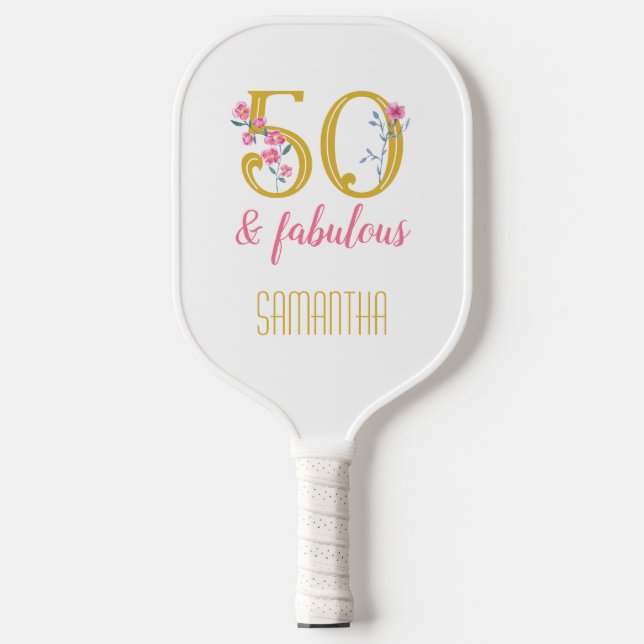 50 und fabelhafte Gold und Rosa Blüten Pickleball Schläger (Vorderseite)