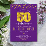 50 und fabelhafte Goldfolien-Punkte zum Geburtstag Einladung<br><div class="desc">"50 und fabelhaft." Besitzen Sie es und geben Sie 50 mit Stil! Versenden Sie diese atemberaubende, moderne, grafische Imitate Goldfolie "50" und Punkte auf einem lila Hintergrund, 50. Geburtstag personalisierte Einladung für eine Feier zu erinnern. Goldpunkte schmücken den Rücken. Coordinieren Sie Umschläge, Etiketten, Teller, Servietten und andere Artikel sind ebenfalls...</div>