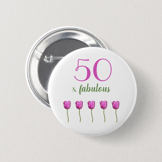 50 und fabelhafte magentarote Tulpe des Button (Vorne & Hinten)