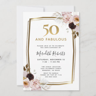 50 und fabelhafte rosa Rosen Gold Metallic Geburts Einladung