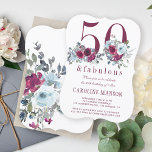 50 und fabelhafte rot bordeauxrot florale 50. Gebu Einladung<br><div class="desc">Elegante feminine 50 und prächtige Geburtstagseinladung mit Aquarellbordeon und hellstaubblauen Rose mit Bouquets und einer modernen trendigen Typografie-Schrift.              Einfach mit Ihren Daten personalisieren!</div>