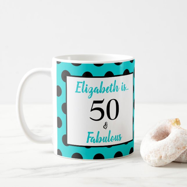 50 und fabelhafte türkisblaue schwarze Polka Dot Kaffeetasse (Mit Donut)