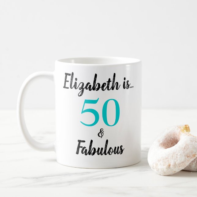 50 und fabelhafte türkisfarbene Schwarze Geburtsta Kaffeetasse (Mit Donut)