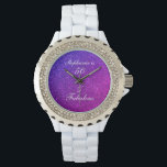 50 und fabelhaften Geburtstag Pink Lila Glitzer Om Armbanduhr<br><div class="desc">Mit hübschem,  gürtelnem und wunderschönem rosa lila glitzernden Hintergrund und personalisierter Textvorlage für den Namen,  den Sie bearbeiten können,  ist dies perfekt für die 50. Geburtstagsgeschenke oder Gastgeschenke!</div>