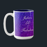 50 und fabelhaften Geburtstag rosa Lila Glitzer Om Zweifarbige Tasse<br><div class="desc">Mit einem hübschen,  gürlichen und wunderschönen rosa lila glitzernden Hintergrund und personalisierten Textvorlagen für die Namen,  die Sie bearbeiten können,  ist dies perfekt für die 50. Geburtstagsfeiern oder Geschenk!</div>