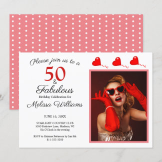 50 und fabelhaftes Foto Red 50. Geburtstag Pink Wh Einladung