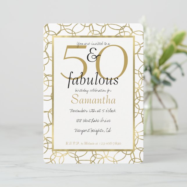 50 und fabelhaftes Glam Gold White Circles Party Einladung (Stehend Vorderseite)