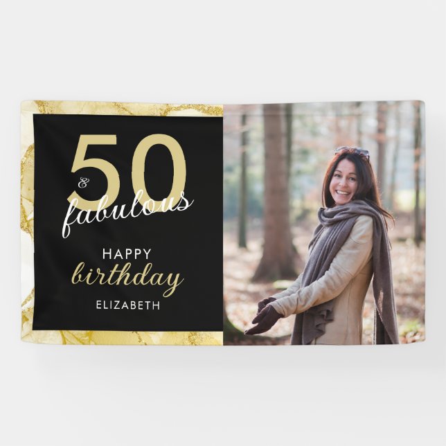 50 und fabelhaftes Gold Black Foto Geburtstag Banner (Horizontal)