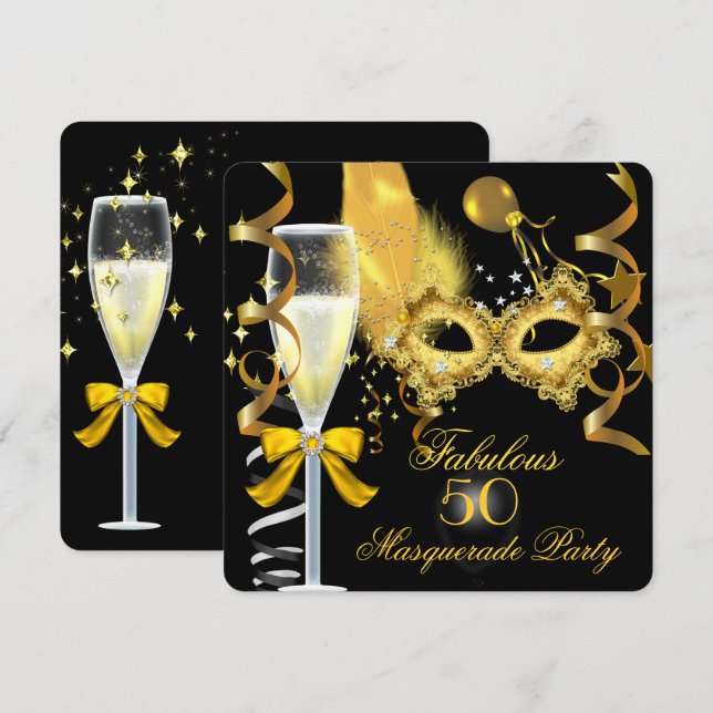50 und fabelhaftes Gold Black Masquerade Party Einladung (Vorne/Hinten)