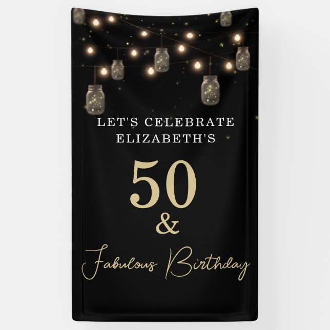 50 und fabelhaftes Schwarz mit String Lights Banner (Vertikal)