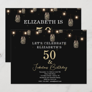 50 und fabelhaftes Schwarz mit String Lights Einladung