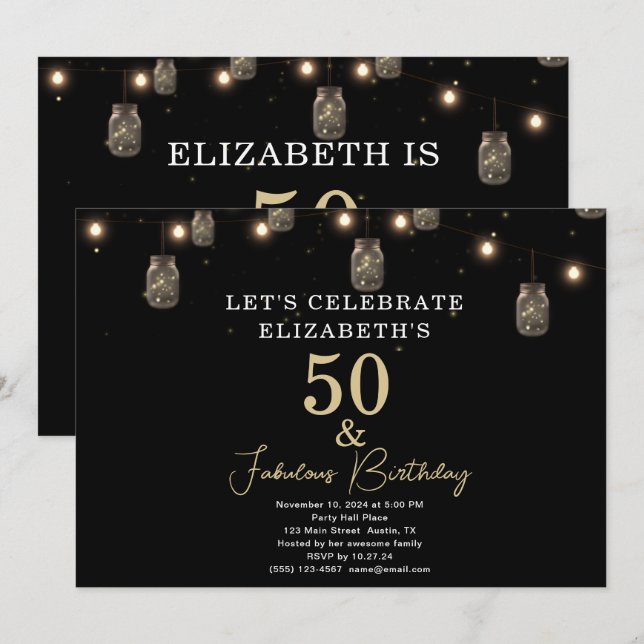 50 und fabelhaftes Schwarz mit String Lights Einladung (Vorne/Hinten)