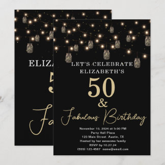 50 und fabelhaftes Schwarz mit String Lights Einladung