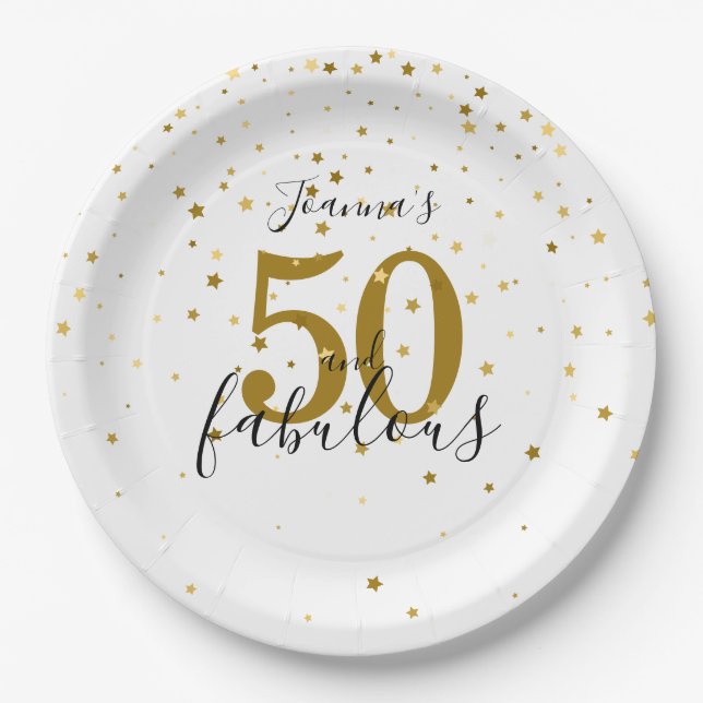 50 und fabelhaftes Script Gold und Black Birthday Pappteller (Vorderseite)