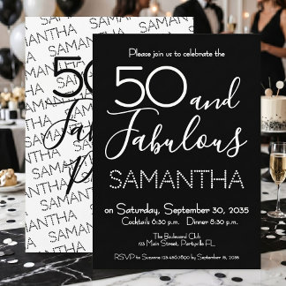 50 und Fabulous 50. Geburtstagsfeier Schwarz Elega Einladung