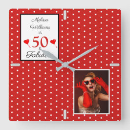 50 und Fabulous Add Foto Red 50. Geburtstag WH Red Quadratische Wanduhr