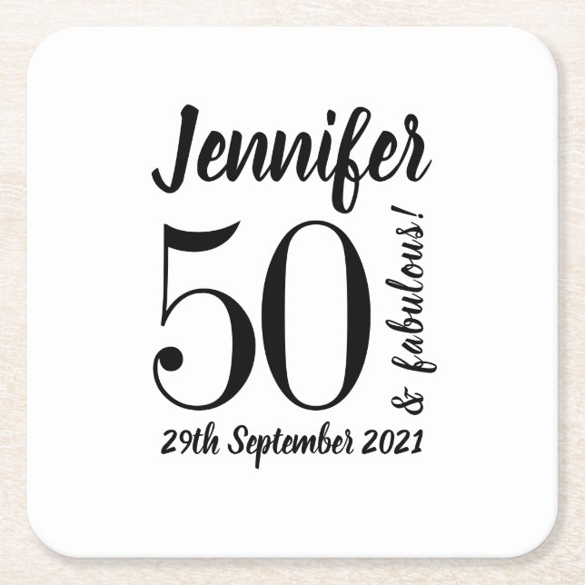 50 und Fabulous Birthday Black Script Typografie Rechteckiger Pappuntersetzer (Vorderseite)