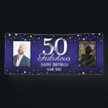 50 und Fabulous Birthday Confetti Foto Banner<br><div class="desc">Elegantes blaues Banner zum 50. Geburtstag mit einstellbarem Happy Birthday und Individuelle Name Text. Wählen Sie Ihr Lieblings-Foto und laden Sie es hoch! Imitate Folie silber Konfetti und 50 Zahl.</div>