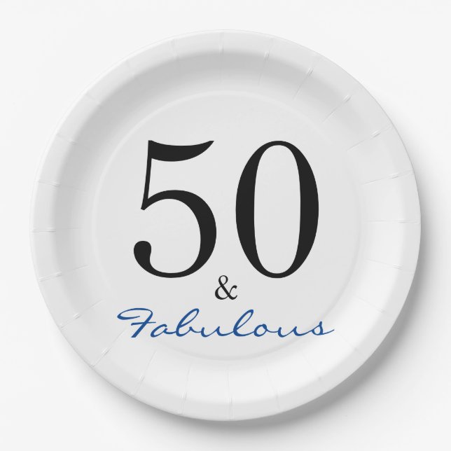 50 und Fabulous Blue Birthday Typografie Pappteller (Vorderseite)