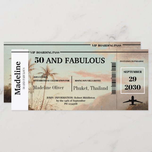 50 und Fabulous Boarding Pass Tropical Birthday (Vorne/Hinten)