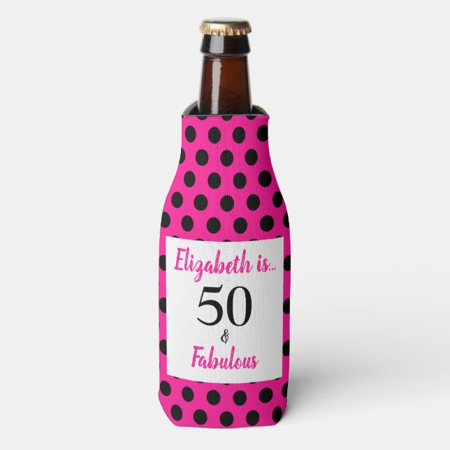 50 und fabulous Bold Pink mit schwarzen Polka Dots Flaschenkühler (Flaschenvorderseite)