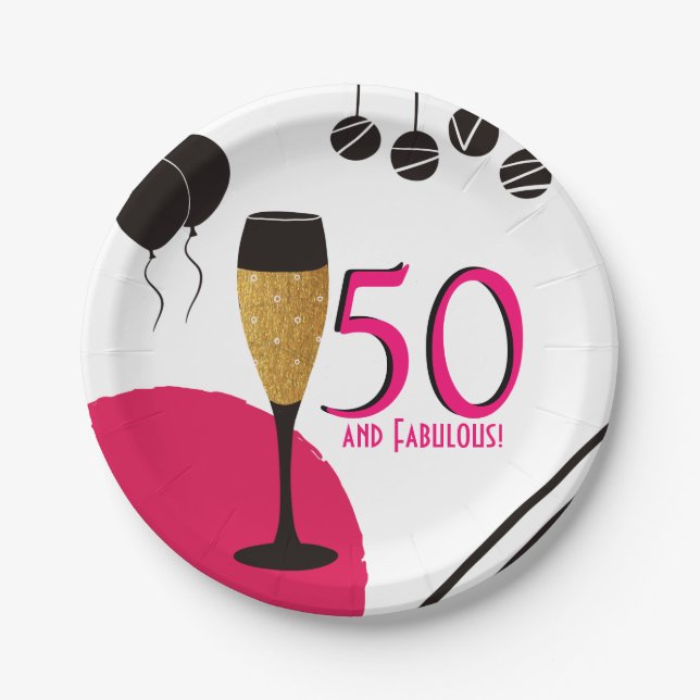 50 und Fabulous Champagne Flute Pappteller (Vorderseite)