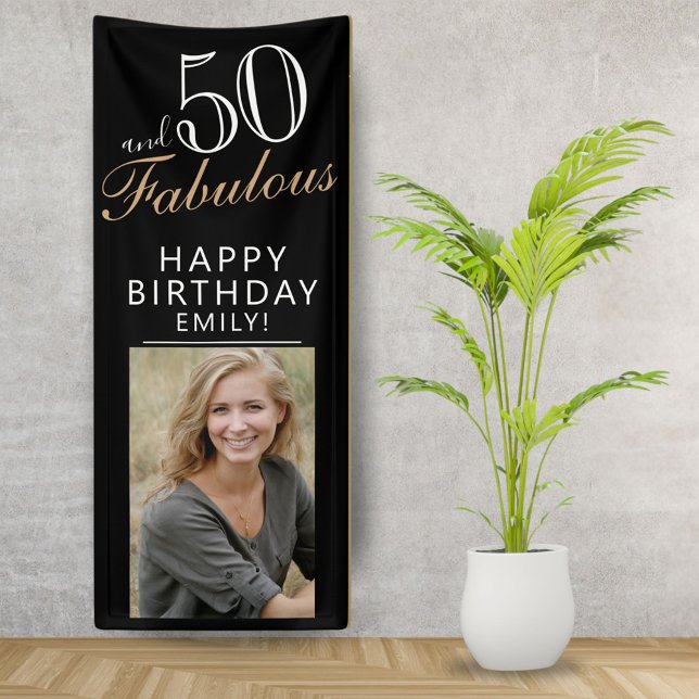 50 und Fabulous Chic Script Black Foto Party Banner (Von Creator hochgeladen)