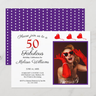 50 und Fabulous Foto Red 50. Geburtstag Lila WH Einladung
