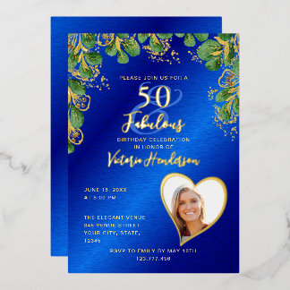 50 und fabulous Geburtstag Royal Blue & Gold Folieneinladung