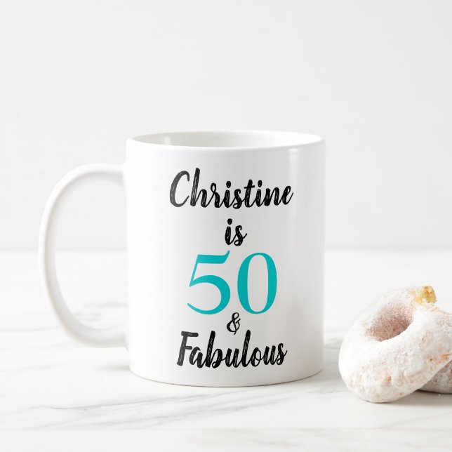 50 und Fabulous Geburtstag Türkis Schwarz-weiß Kaffeetasse (Mit Donut)