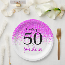 50 und Fabulous Hot Pink Confetti Custom Script Pappteller