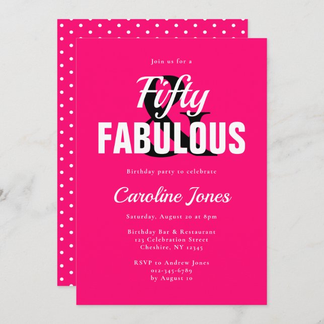 50 und fabulous Hot Pink Fiftieth Birthday Einladu Einladung (Vorne/Hinten)