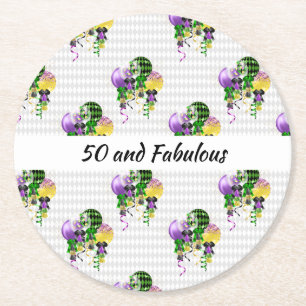 50 und Fabulous Mardi Gras Ballons Runder Pappuntersetzer