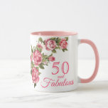 50 und fabulous Pink Floral | 50. Geburtstagsgesch Tasse<br><div class="desc">50 und fabulous Pink Floral | 50. Geburtstagsgeschenk Tasse. Fünfzig und vornehm! Elegante rosa Blumengeschenk 50. Geburtstagsparty Tasse. Chic pink rosen die Pioniere grüne Blätter auf weißem Hintergrund. Sie können Skriptfarben und Schriftart-Schriftart im Design personalisieren. Watercolor rosa Roses ist eine digitale Grafik. Gute Geschenkidee für die 50. Geburtstagsparty.</div>