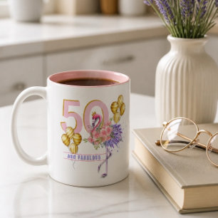 50 und Fabulous Pink Floral Flamingo Tasse