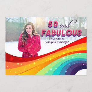 50 und Fabulous Rainbow Sparkle Foto Geburtstag Einladung