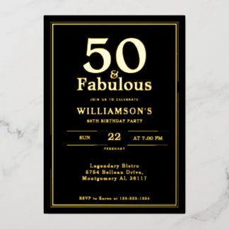 50 und Fabulous | Schwarzer und goldener Geburtsta Folieneinladung