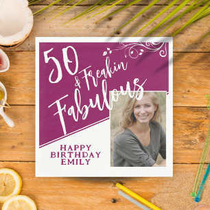 50 und Fabulous Script Foto Magenta 50. Geburtstag Serviette
