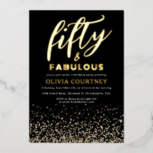 50 und Fabulous Typografy Black Gold Glitzer Folieneinladung