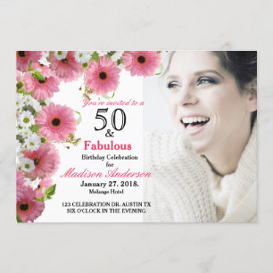 50 und fein rosa Floral  50. Foto Geburtstag Einladung