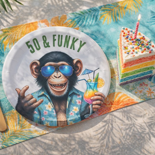 50 und Funky Sommeraffe 50. Geburtstag Pappteller (50 and Funky Summer Monkey 50th Birthday Paper Plates)
