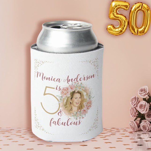 50 und Name des fabelhaften Fotos Wasserfarbe Dosenkühler (50 and Fabulous Pink Floral Gold Photo Birthday Can Cooler)