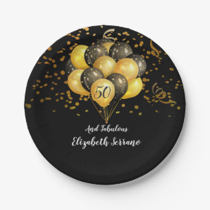 50 und prächtige Gold- und Black-Balloons Confetti Pappteller