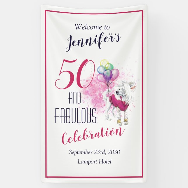 50 und üppiger rosa und weißer Hund Banner (Vertikal)