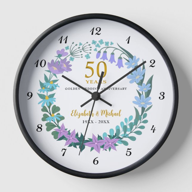 50. Wedding Golden Anniversary Bluebells Wreath Uhr (Vorderseite)