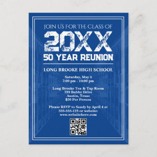 50 Year High School Reunion Retro Blue Varsity QR Postkarte
