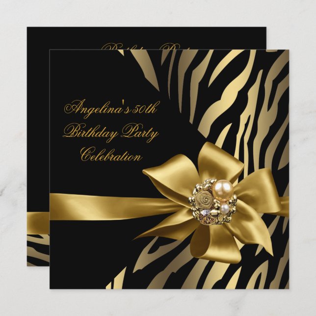 50. Zebra Old Gold Cream Black Birthday Party Einladung (Vorne/Hinten)
