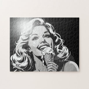 50er BW-Grafik-Comic-Stil Eiscreme-Blondine Puzzle